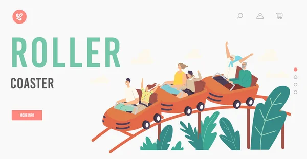 Characters Riding Roller Coaster in Amusement Park Landing Page Template. Excited Men, Women and Kids at Rollercoaster — Wektor stockowy