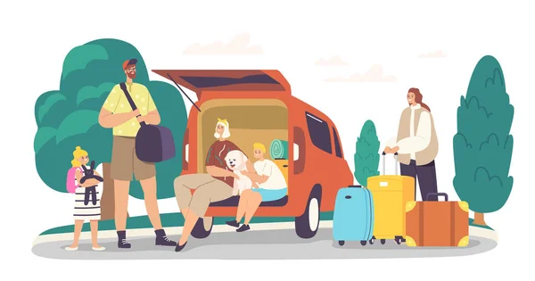 Happy Family Characters Sitting at Car Trunk with Dog Ready for Travel. Mother, Father and Excited Children with Pet — ストックベクタ