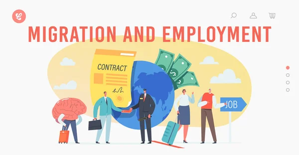 Work Migration and Employment, Drain Brain Landing Page Template. Tiny Businesspeople Characters Leaving Motherland — 图库矢量图片