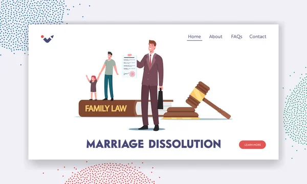 Marriage Dissolution Landing Page Template. Tiny Father Character with Daughter and Attorney at Huge Gavel, Family Law — Image vectorielle