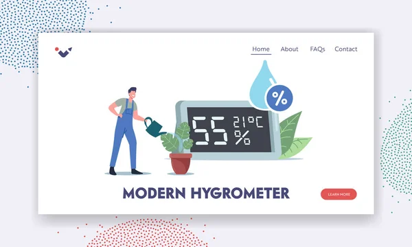 Modern Hygrometer for Air Humidity Measurement Landing Page Template. Tiny Male Character Watering Plants — Wektor stockowy