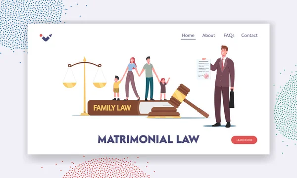 Matrimonial Law Landing Page Template. Tiny Characters Husband, Wife and Kids at Huge Gavel, Scales and Family Law Book — Stock vektor