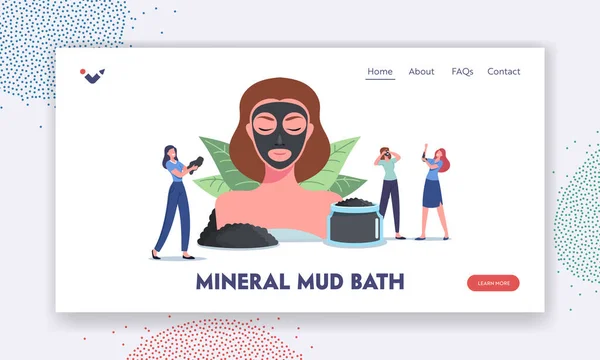 Mineral Mud Bath Landing Page Template. Spa Natural Beauty and Cosmetology. Tiny Female Characters around Huge Woman — Wektor stockowy