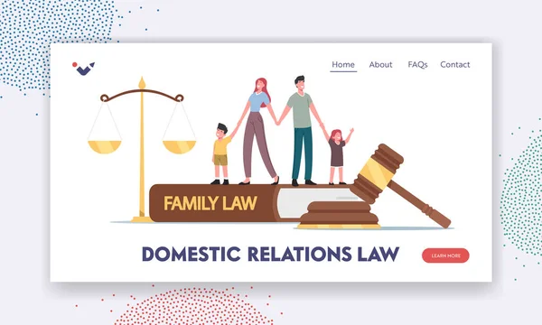 Domestic Relations Law Landing Page Template. Tiny Parents and Children Characters in Judge Courthouse Huge Gavel — Stockvector
