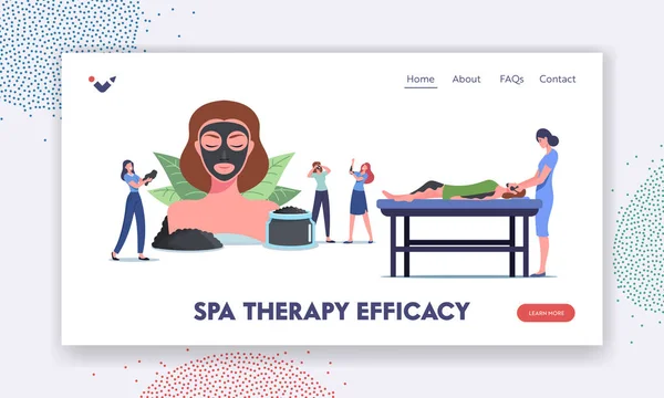 Spa Therapy Efficacy Landing Page Template. Tiny Female Characters around of Huge Woman Head with Mineral Mud Mask — Stockvector