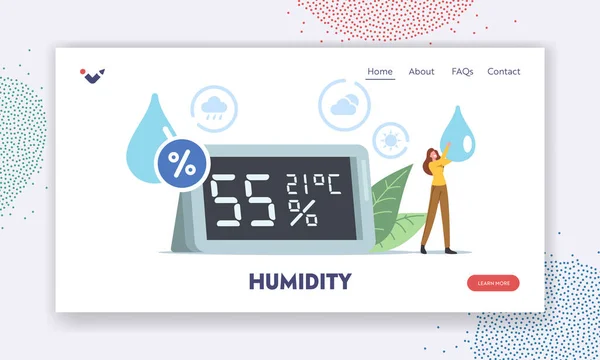 Air Humidity Landing Page Template. Tiny Character with Water Drop in Hands Stand at Huge Hygrometer Show Microclimat — Stockový vektor