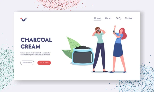 Charcoal Cream Landing Page Template. Women Applying Natural Mineral Mud Mask. Tiny Female Characters at Apply Spa Baths — Vetor de Stock