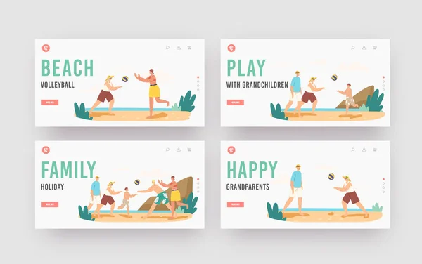 Family Holiday Landing Page Template Set. Grandparents, Parents and Child Play Beach Volleyball. Happy Characters Game — Stock Vector