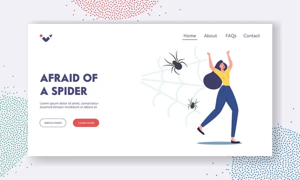 Arachnophobia Psychological Problem, Panic Landing Page Template. Scared Yelling Woman Run Away from Creepy Spider — Stockvektor