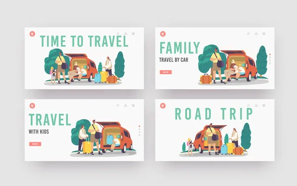 Time to Travel Landing Page Template Set. Happy Family Characters Sit at Car Trunk with Dog. Mother, Father and Children — Διανυσματικό Αρχείο