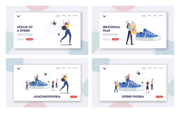 Arachnophobia Landing Page Template Set. Tiny Frightened Characters Afraid of Huge Spiders. Mental Problem, Insects Fear — 스톡 벡터