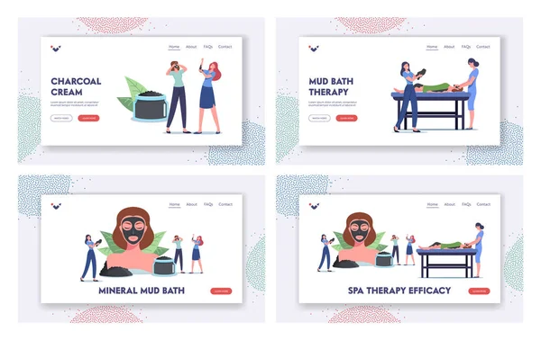Spa Therapy Efficacy Landing Page Template Set. Tiny Female Characters around of Huge Woman Head with Mineral Mud Mask — Wektor stockowy