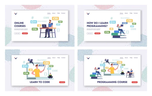 Programming Courses Landing Page Template Set. Students Characters at Huge Laptop with Coach Explain Programmer Classes — Vetor de Stock