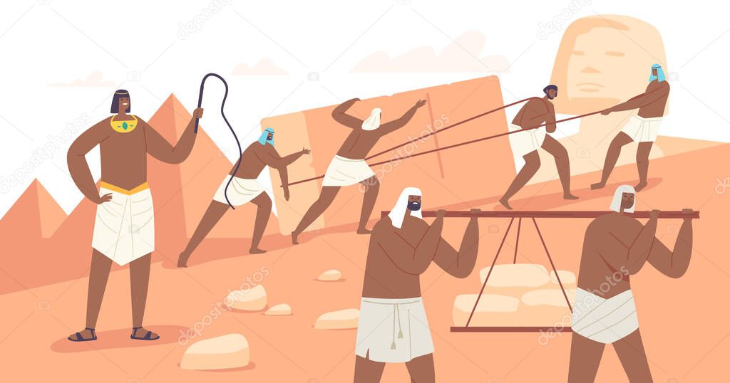 Slaves Building Egyptian Pyramids in Giza Desert. Master with Whip Managing Construction Process. Ancient Egypt