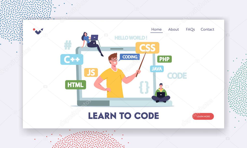 Learn to Code Landing Page Template. Software Development Studying. Tutor Explain to Students Programming Courses