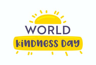 Dünya İyilik Günü Bayrağı, Beyaz Arkaplanda Karikatür Güneşi. Yaratıcı Tipografi ile Tebrik Kartı