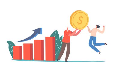 Tiny Business Chart 'ın yanında kocaman altın sikkeleri olan küçük işletme karakterleri. Yatırım Stratejisi ve Portföy Analizi, Yatırım