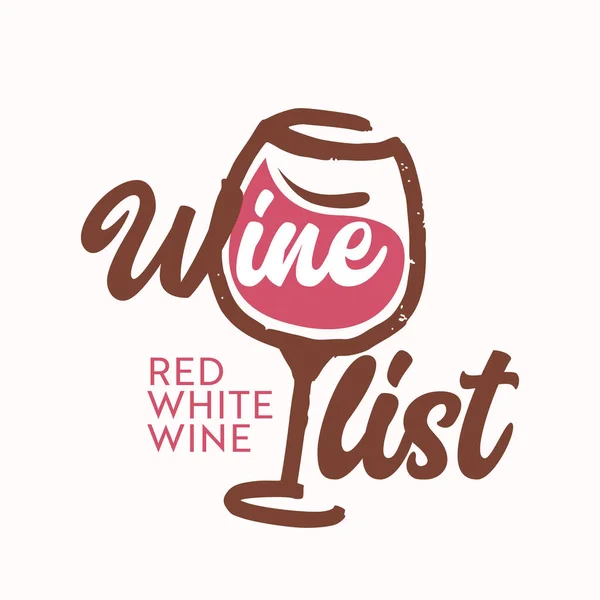 Lista de vinos Icono Grunge, Menú Etiqueta con Wineglass. Emblema del evento del Festival del Alcohol, Alco Drink Bar o Restaurante Promo — Vector de stock