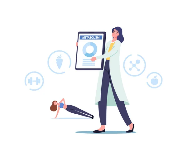Kvinna läkare presentera Infographics av människans ämnesomsättning process, Sportswoman Training Workout för hälsosam kropp — Stock vektor