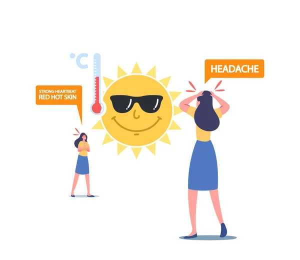 Heat Stroke Symptoms Concept. Female Characters Suffer of Sun and High Temperature with Strong Heartbeat, Red Hot Skin — Stock Vector