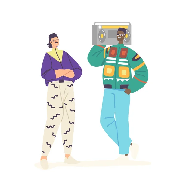Personagens masculinos nos anos 80 90 Moda Roupas e Penteado Ouça Música com Gravador de Fita. Homens elegantes em jaqueta colorida — Vetor de Stock