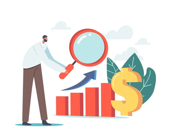 Business Character Analysing Investment Strategies and Portfolio Concept (en inglés). Análisis de la inversión, plan de crecimiento de los ingresos — Archivo Imágenes Vectoriales
