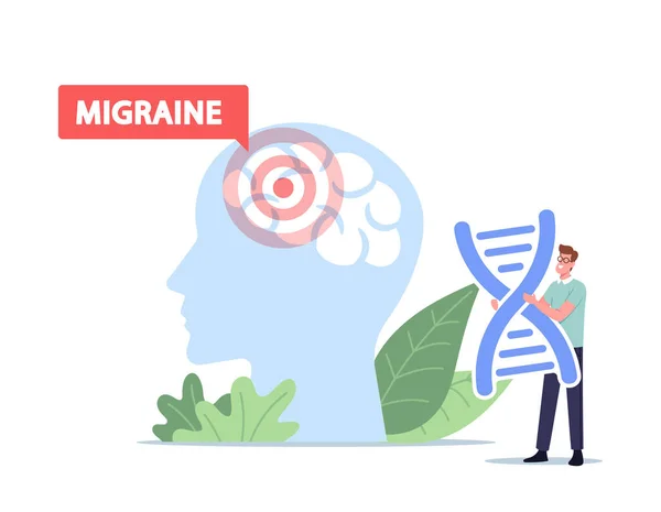 Stress, Headache Migraine Fatigue Concept. Caráter masculino minúsculo segure enorme espiral de DNA na cabeça humana com área vermelha no cérebro —  Vetores de Stock