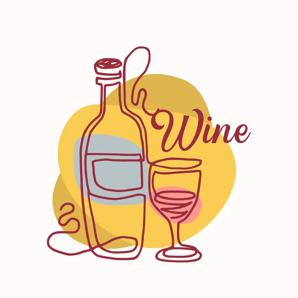 Icono del vino o etiqueta con vino dibujado a mano y botella aislada sobre fondo blanco. Emblema lineal para el evento del Festival — Vector de stock