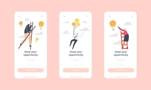 Mantenga su página de aplicación móvil Oportunidad plantilla de pantalla a bordo. Ventajas competitivas. Concepto de Personajes de Negocios — Archivo Imágenes Vectoriales