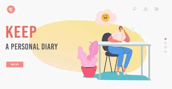 Lleve una Plantilla de Landing Page de Diario Personal. Chica sentada en el escritorio poner notas en el diario. Mujer Escribir Memorias en Notebook — Vector de stock