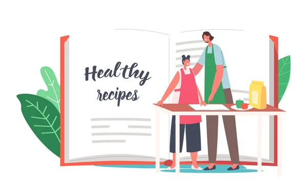Μικροσκοπική μητέρα και κόρη χαρακτήρες μαγείρεμα υγιεινά τρόφιμα σε τεράστιο βιβλίο συνταγών. Ευτυχισμένη γυναίκα και κορίτσι στην κουζίνα στο σπίτι — Διανυσματικό Αρχείο