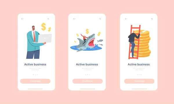 Active Business Mobile App Page Onboard Screen Template. Winziger Geschäftsmann klettert auf riesigen Münzhaufen und reitet Hai — Stockvektor