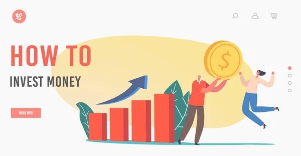 Cómo invertir dinero Plantilla de página de destino. Pequeños personajes con enorme moneda de oro cerca de Grow Chart. Estrategia de inversión — Vector de stock