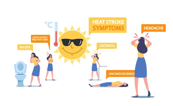 Heat Stroke Symptoms Concept. Female Characters Suffer of Sun with Nausea, Strong Heartbeat or Red Hot Skin, Dizziness — Stock Vector