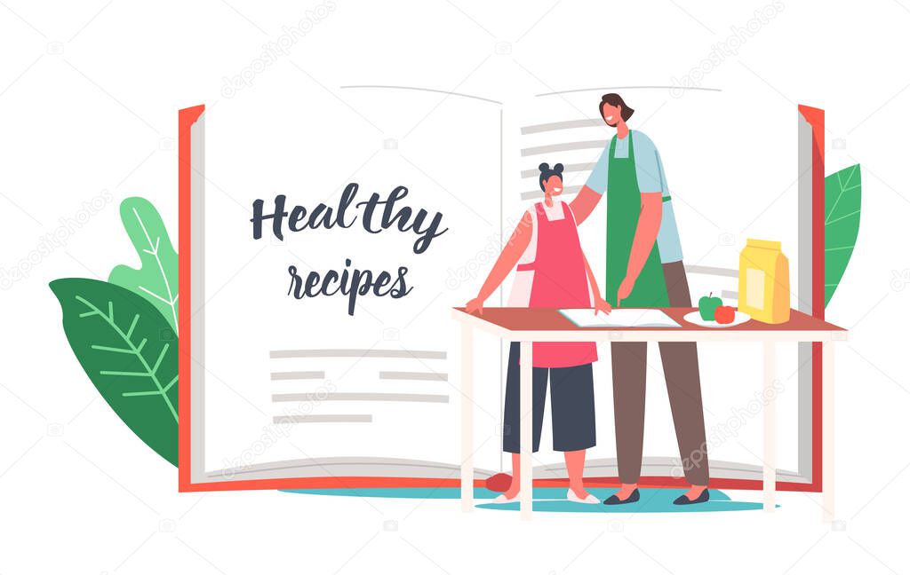 Tiny Mother and Daughter Characters Cooking Healthy Food at Huge Recipe Book. Happy Woman and Girl on Kitchen at Home