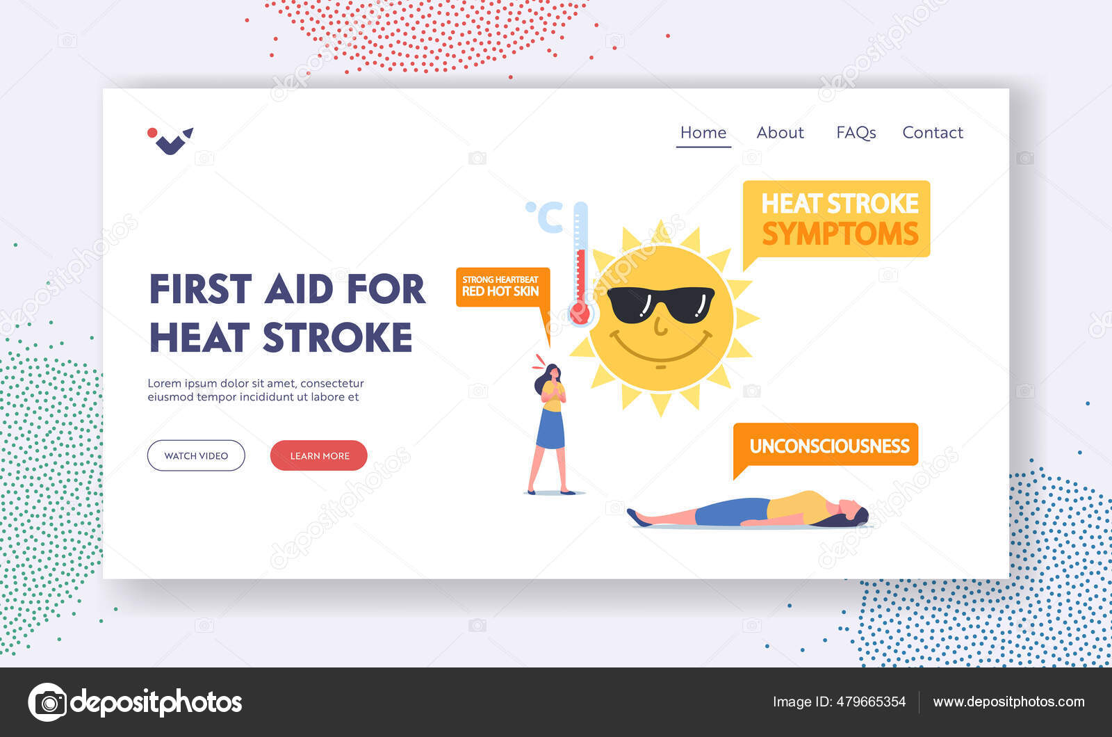 First Aid for Heat Stroke Landing Page Template. Female Characters