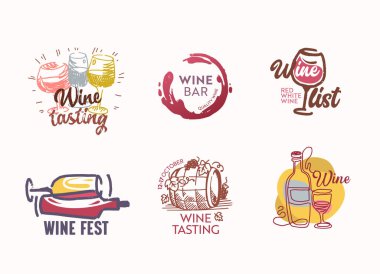 Beyaz Arkaplan 'da şarap, şarap kadehleri ya da şarap kadehleri olan şarap simgeleri ya da etiketleri. Festival İçin Amblemler