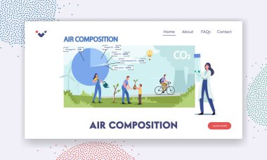 Atmosferik Hava Bileşimi İniş Sayfa Şablonu. Dev Pasta Çizelgesinde Gaz ve Elementlerle Küçük Erkek Karakterler