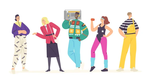 Happy Characters in 80s 90s Fashion Style Clothes and Hairstyle Dancing Disco, Training, Listen Music with Tape Recorder — Stockový vektor