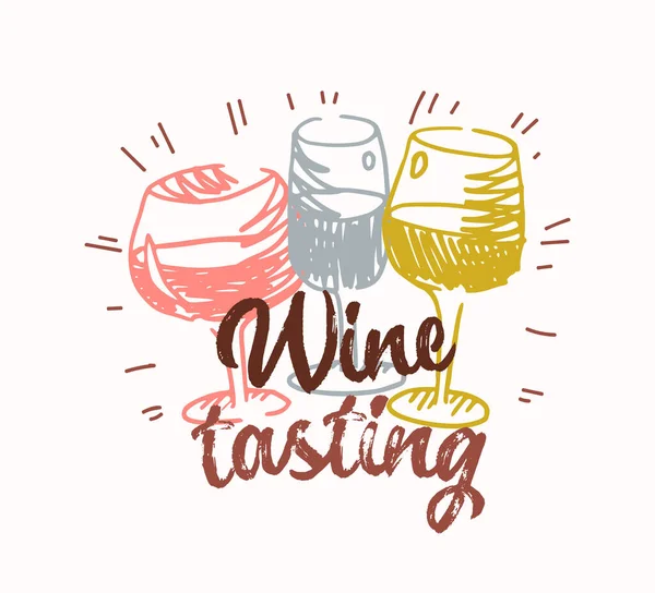 Şarap Tadım Simgesi, El Çizimi Şarap Gözlüklü Etiket. Alkol Festivali Etkinliği için Amblem, Alco İçki Festivali, Bar Panosu — Stok Vektör