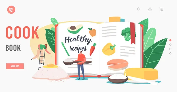 Cook Book Landing Page Template. Kleine personages koken Maaltijden Voeg suiker in bloem bij Enorme Recept Boek Gezond eten — Stockvector