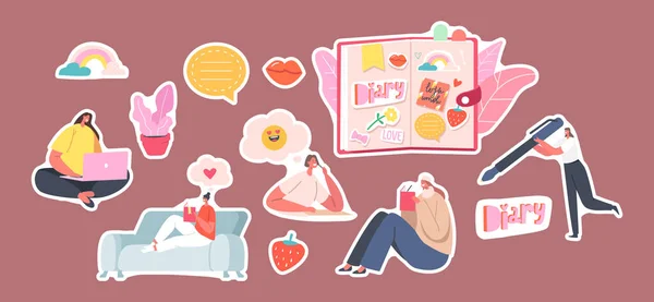 Set stiker. Girls Writing Memoirs into Cute Diary (dalam bahasa Inggris). Perempuan Karakter dengan Notebook. Remaja Duduk di Lantai - Stok Vektor