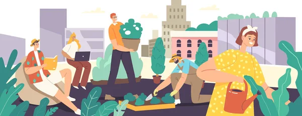 Cuidados de Personagens do Rooftop Garden. Paisagismo Jardinagem Urbana, Telhado Edifício Greening. Pessoas plantando mudas — Vetor de Stock