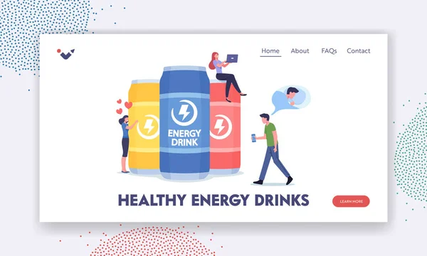 Lidé pijí zdravé energetické nápoje Přistávací stránka šablony. Hráči, studenti nebo podnikatelé Pití energetických nápojů — Stockový vektor