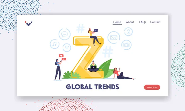 Πρότυπο Global Trends Landing Page. Χαρακτήρες με Gen Z Εικονική Επικοινωνία. Μικροσκοπικοί άνθρωποι με Smartphones — Διανυσματικό Αρχείο