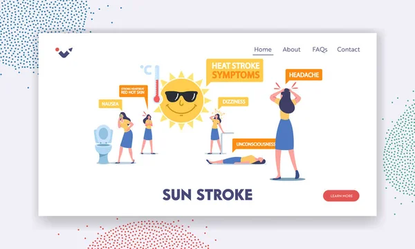Heat Stroke Symptoms Landing Page Template. Female Characters Suffer of Sun with Nausea, Strong Heartbeat or Hot Skin — Stock Vector