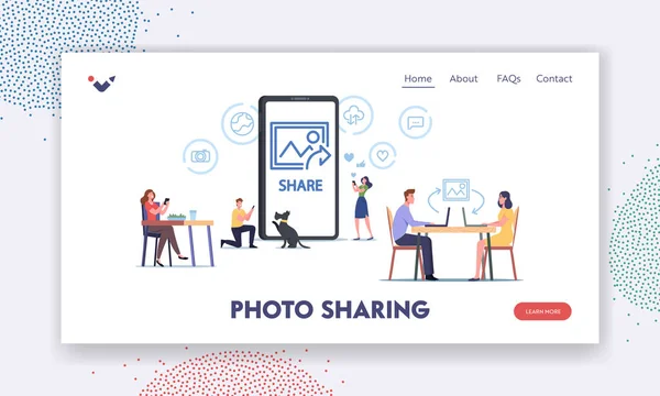 Plantilla de Landing Page para compartir fotos. Personajes Navegar por las redes sociales. Gente haciendo post y compartiendo momentos felices — Vector de stock