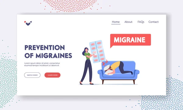 Preventie van Migraine Landing Page Template. vrouw geven pillen naar man karakter liggend op sofa verbergen hoofd in kussens — Stockvector