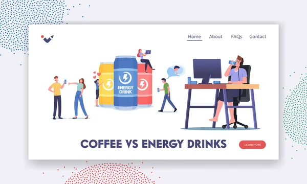 Café VS Energy Drinks Plantilla de Landing Page. Pequeños personajes adictos a las bebidas energéticas de cafeína — Archivo Imágenes Vectoriales