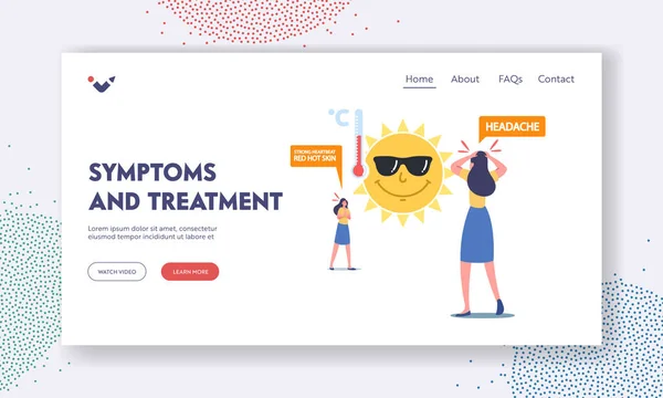 Heat Stroke Symptoms and Treatment Landing Page Template (em inglês). Personagens femininos sofrem de sol e alta temperatura —  Vetores de Stock